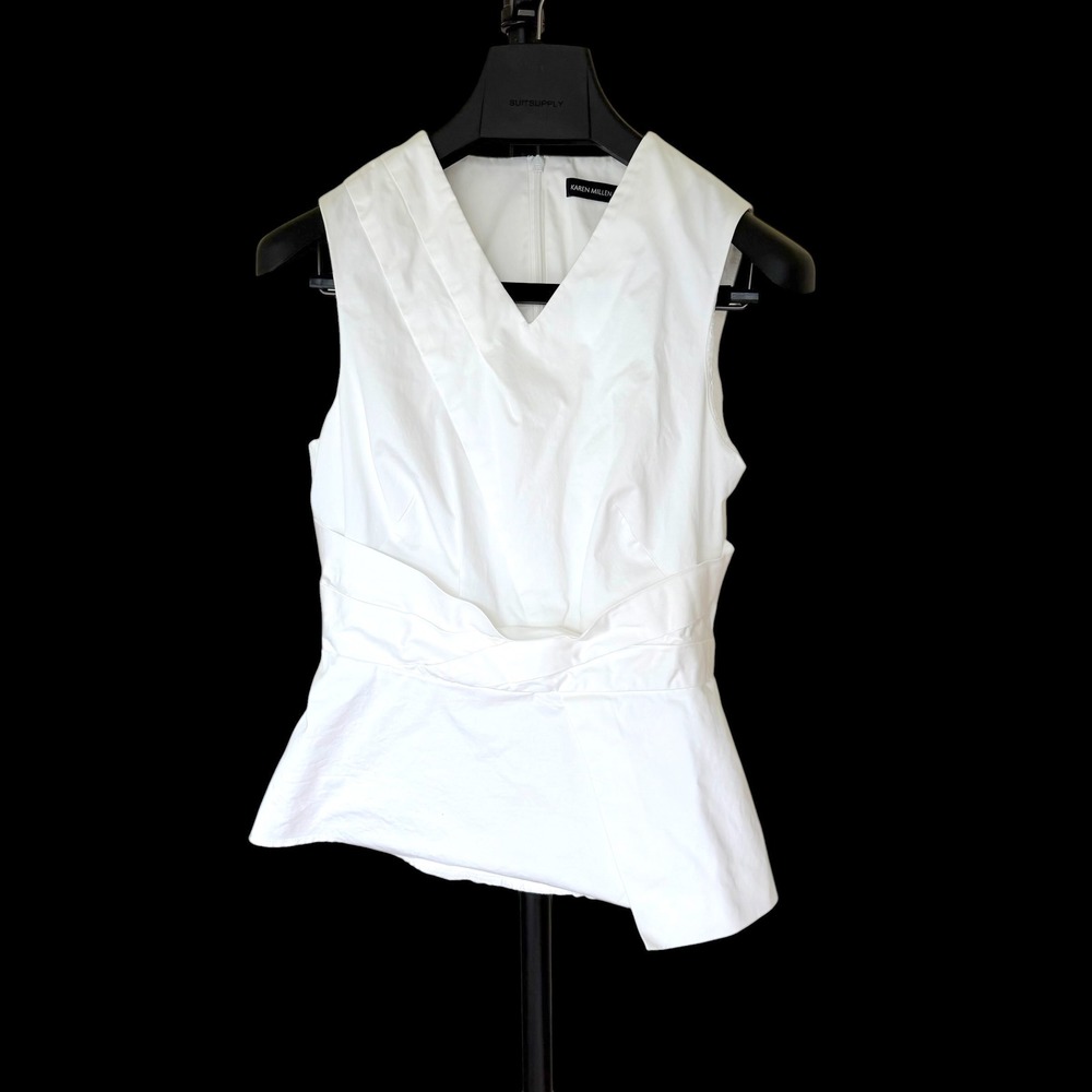 Karen Millen White V-Neck Peplum Top Asymmetrical Sleeveless Blouse TB026 Size 8